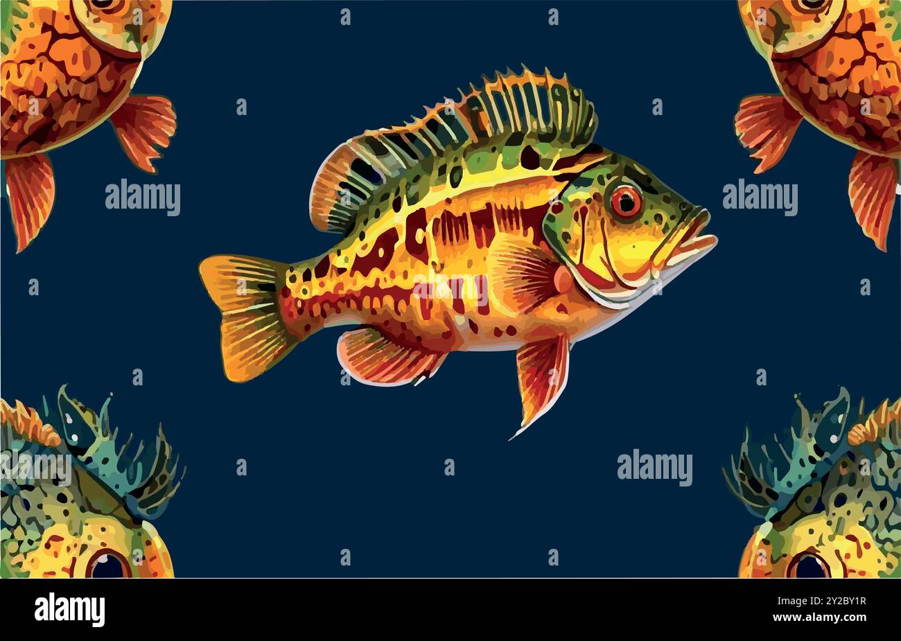 Esplora il mondo del Peacock Bass Fish, il predatore colorato del Sud America, conosciuto per la sua potenza e bellezza. Un must per i pescatori in cerca di trofei! Illustrazione Vettoriale