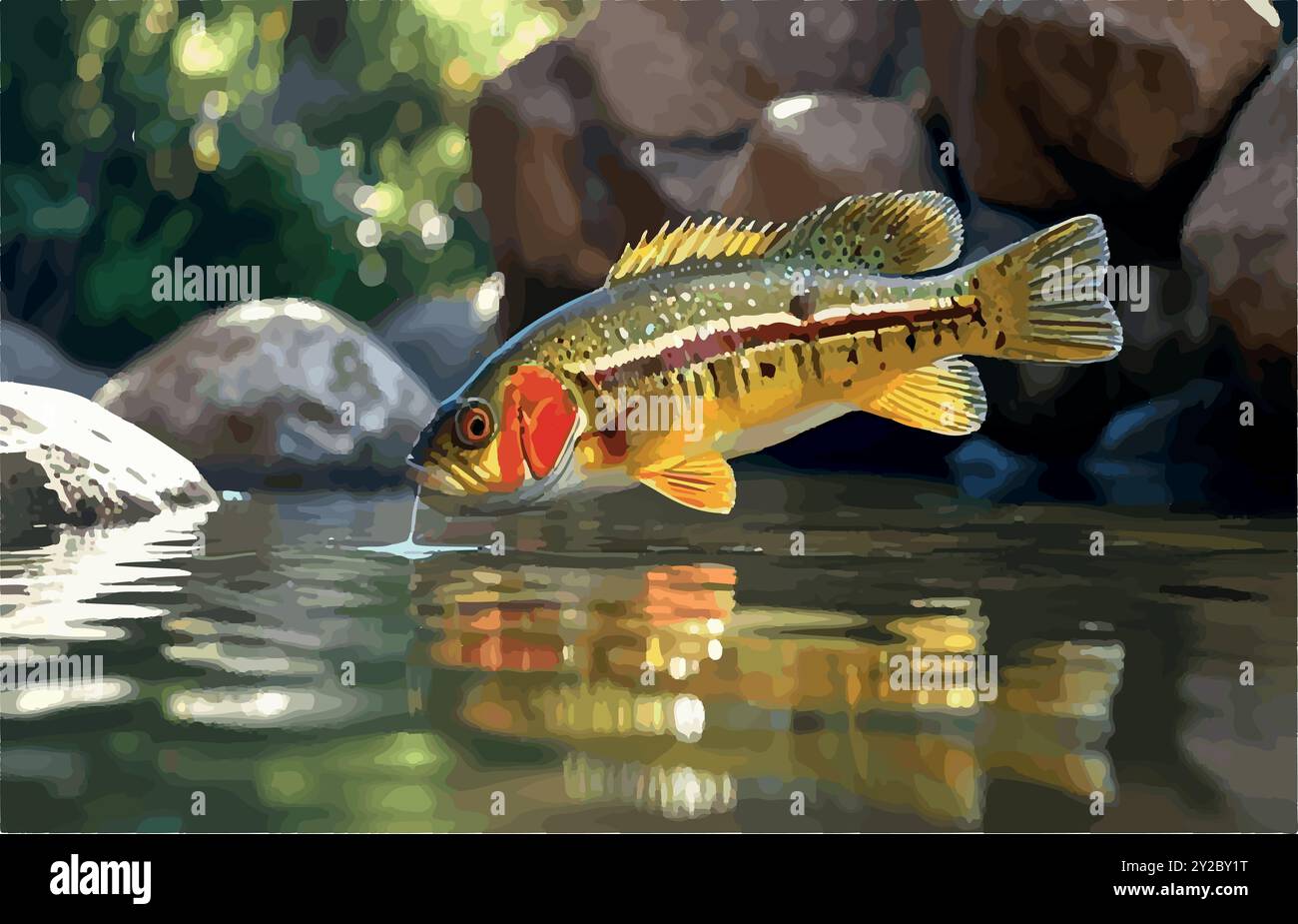 Esplora il mondo del Peacock Bass Fish, il predatore colorato del Sud America, conosciuto per la sua potenza e bellezza. Un must per i pescatori in cerca di trofei! Illustrazione Vettoriale