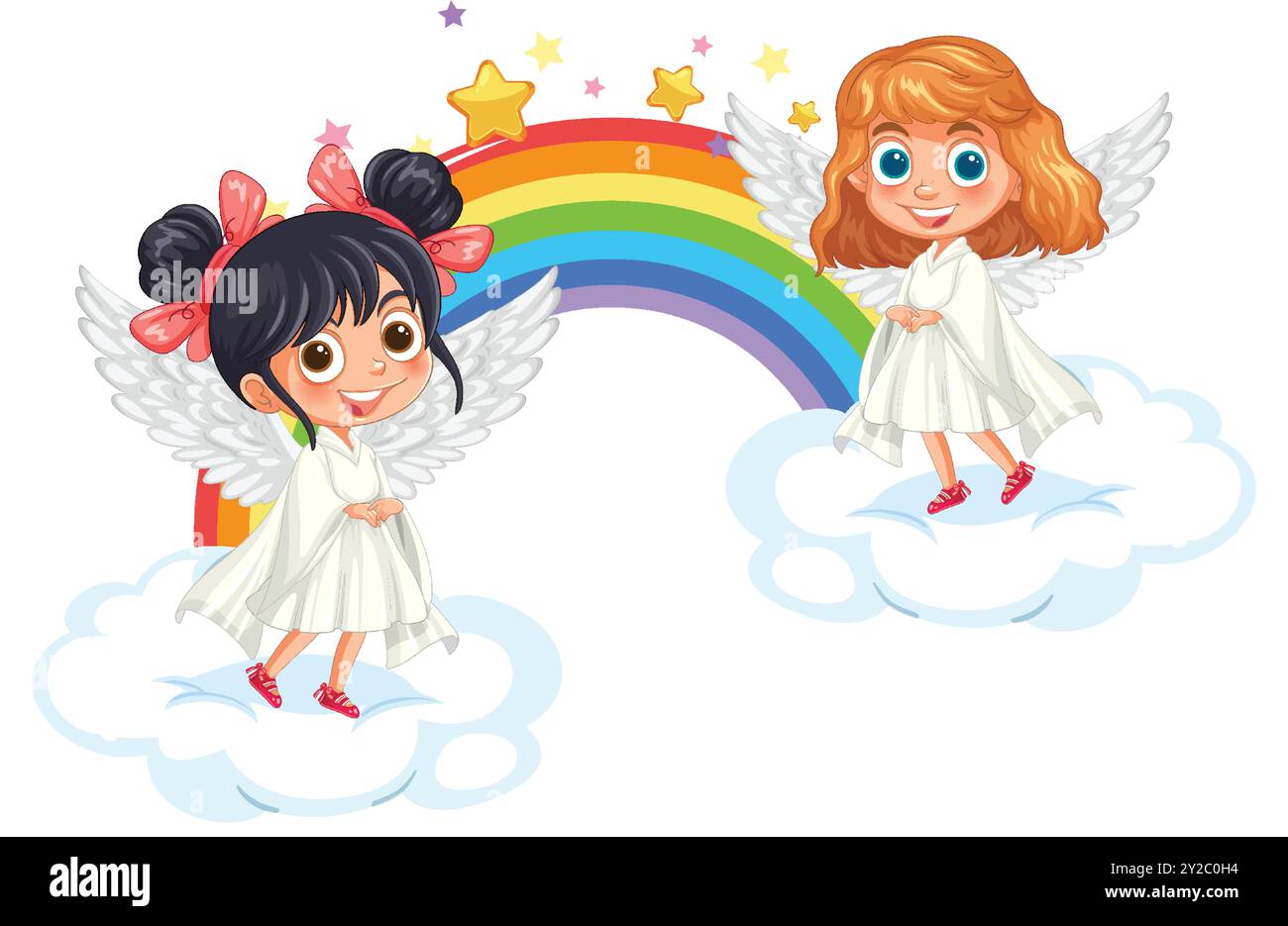 Due angeli in piedi su nuvole con l'arcobaleno Illustrazione Vettoriale