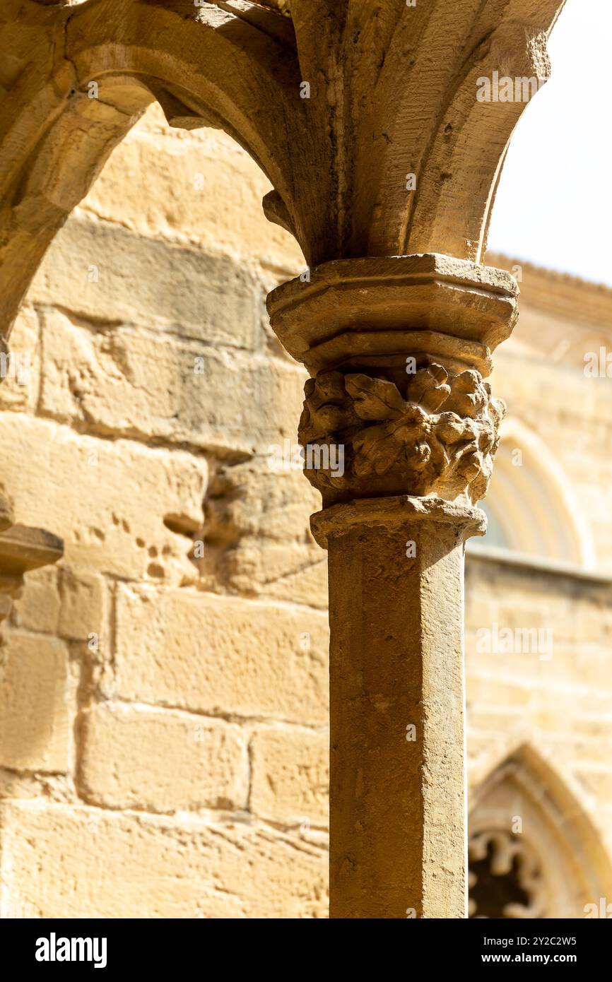 Un pilastro di pietra con un design floreale. La colonna si trova di fronte a un edificio. architettura medievale. Dettaglio dell'arte cistercense Foto Stock