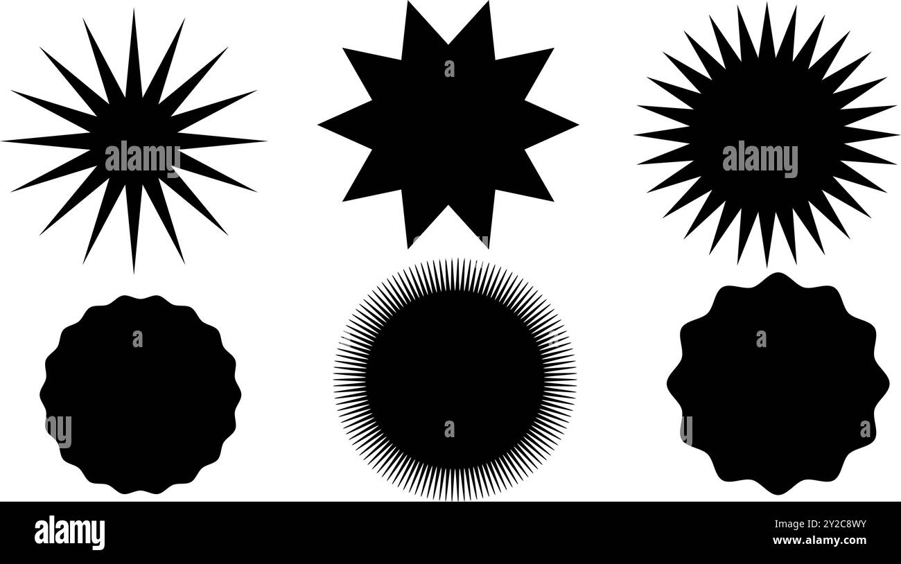 Set di forme geometriche ondulate e zigzag. Elementi circolari con bordo della curva. Forme a zig zag per adesivi, badge, etichette, decorazioni di poster, vendite Illustrazione Vettoriale