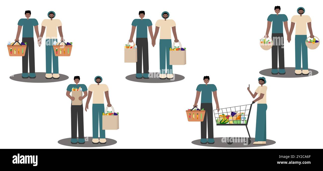 Due gay neri che tengono cesti, borse della spesa e un carrello della spesa. Per design diversi e inclusivi sul tema dello shopping dei neri. Illustrazione Vettoriale