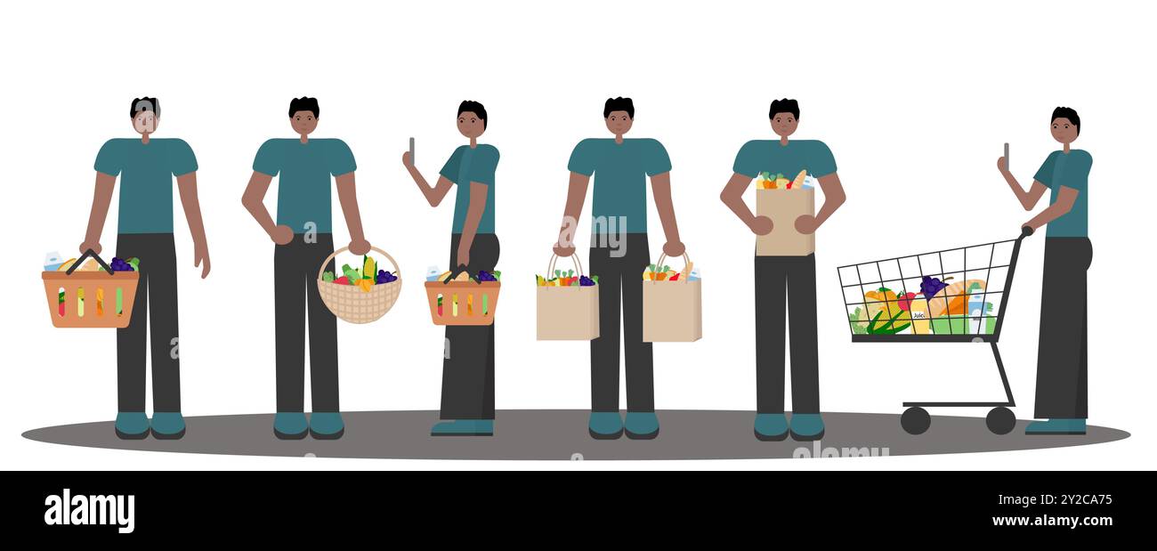 Immagine vettoriale di un uomo nero che tiene cesti, borse della spesa e che spinge il carrello. Design piatto per lo shopping di persone di colore. Illustrazione Vettoriale