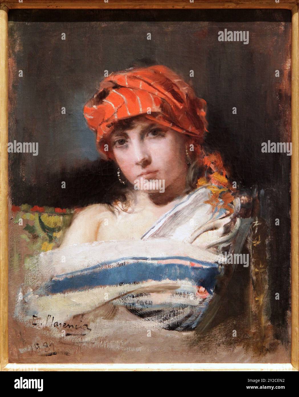 Girl in a Red Scarf / Head study di Casto Plasencia Maestro (1845-1890).in Frame. Foto Stock