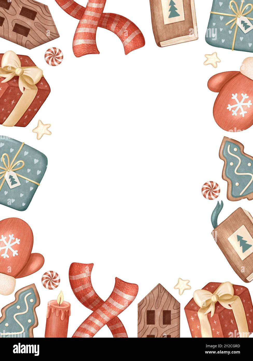 Colorata cornice rettangolare per buon Natale e Capodanno su sfondo bianco. Elemento decorativo per le vacanze invernali: Regalo, sciarpa, guanti, libro, lecca lecca, pan di zenzero adatto per inviti, biglietti. Pastello a mano. Foto Stock