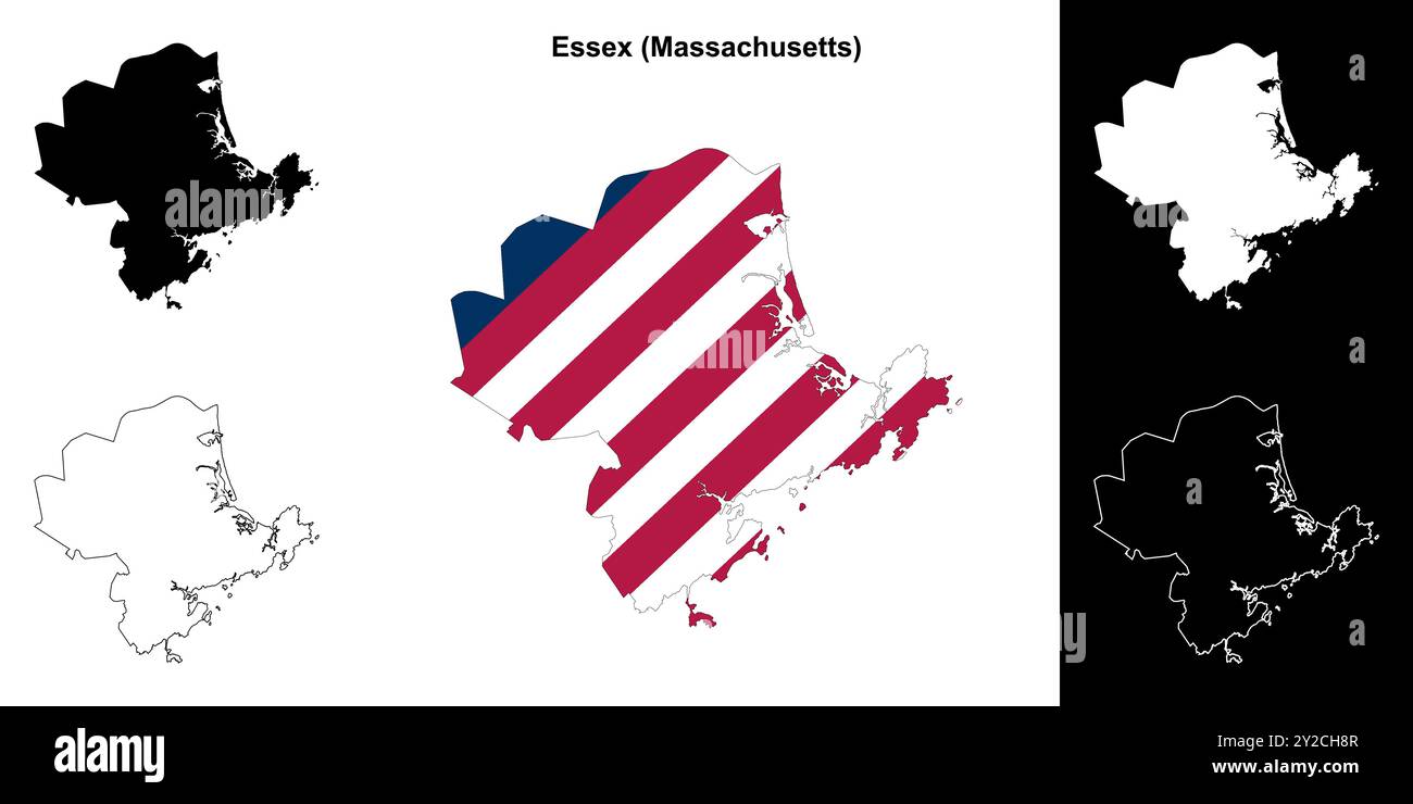 Set di mappe di contorno della contea di Essex (Massachusetts) Illustrazione Vettoriale