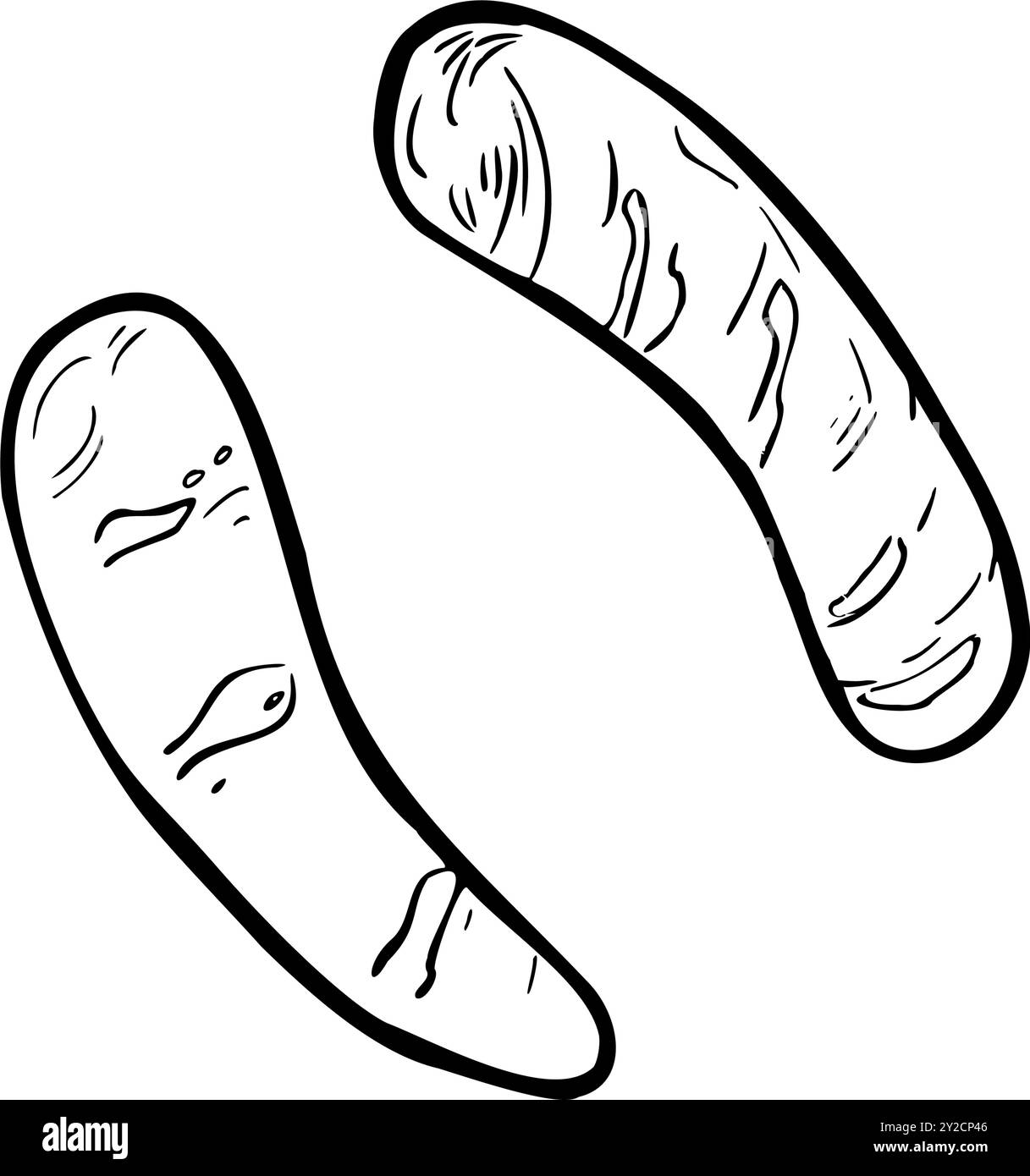 Salsicce grigliate, bratwurst, illustrazione vettoriale contorno bianco nero isolato. Salsiccia grigliata fritta sagoma disegnata a mano con inchiostro per il design Illustrazione Vettoriale