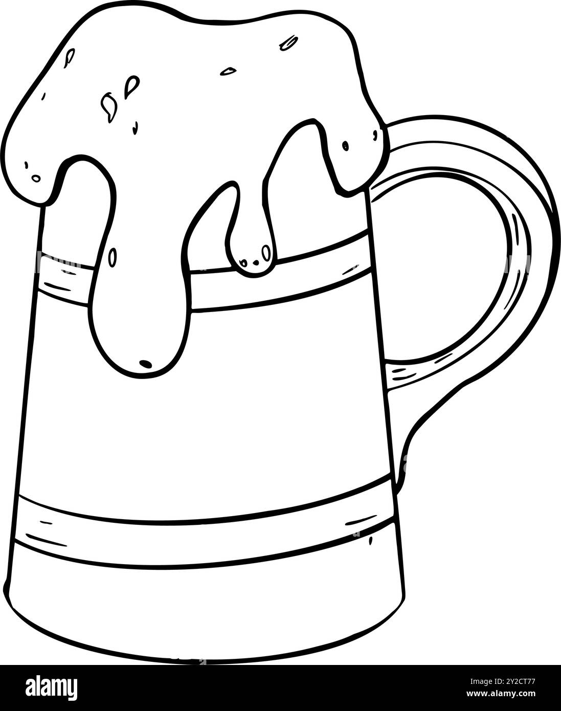Tazza di birra in legno e schiuma con contorno d'inchiostro illustrazione vettoriale dipinta isolata. Stein, Ale HORN, silhouette bianco e nero. Tankard disegnato a mano in line art Illustrazione Vettoriale