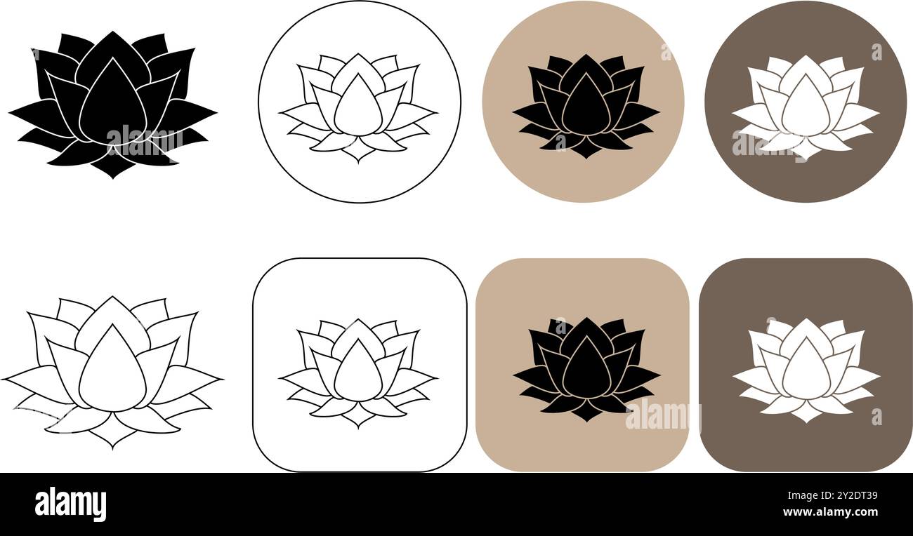 logo lotus in bianco e nero. Logo con ornamenti floreali e set di icone. Collezione astratta di design con logo di fiori di bellezza. illustrazione vettoriale Illustrazione Vettoriale