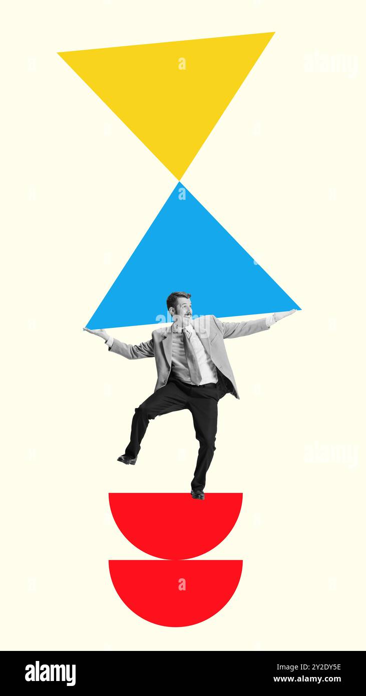 Poster. Collage d'arte contemporanea. L'uomo in tuta bilancia le forme geometriche sopra di lui, trasmettendo l'atto di gestire più attività. Foto Stock