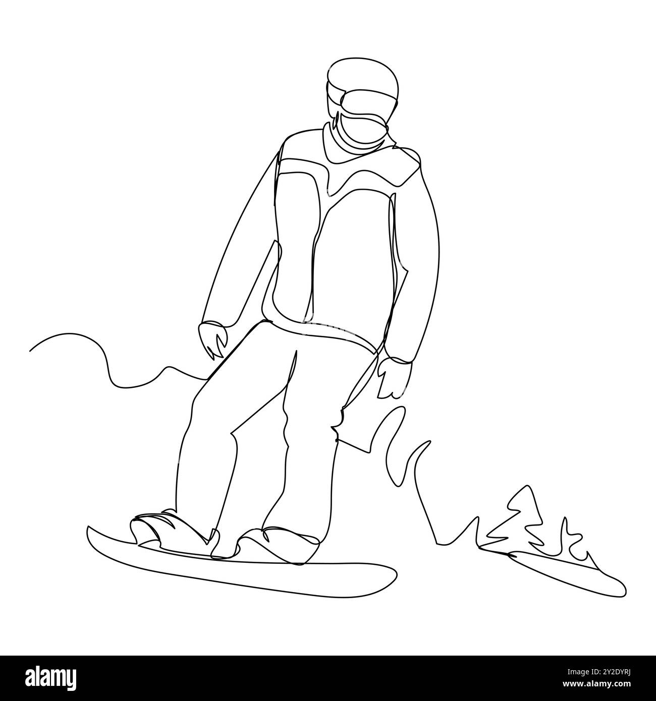 Illustrazione vettoriale dello sciatore discesa attività sportiva invernale disegno artistico in linea bianca nera, disegno continuo di una linea di un uomo snowboarder Illustrazione Vettoriale