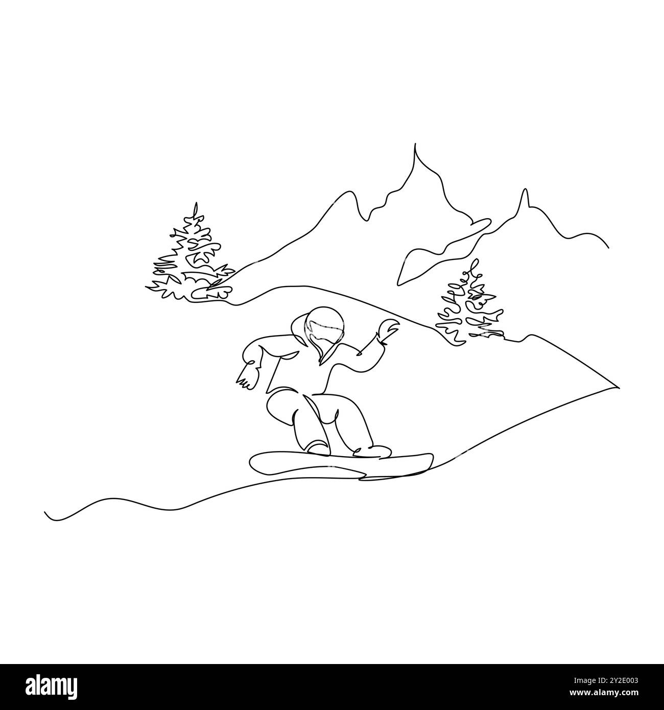 Illustrazione vettoriale dello sciatore discesa attività sportiva invernale disegno artistico in linea bianca nera, disegno continuo di una linea di un uomo snowboarder Illustrazione Vettoriale