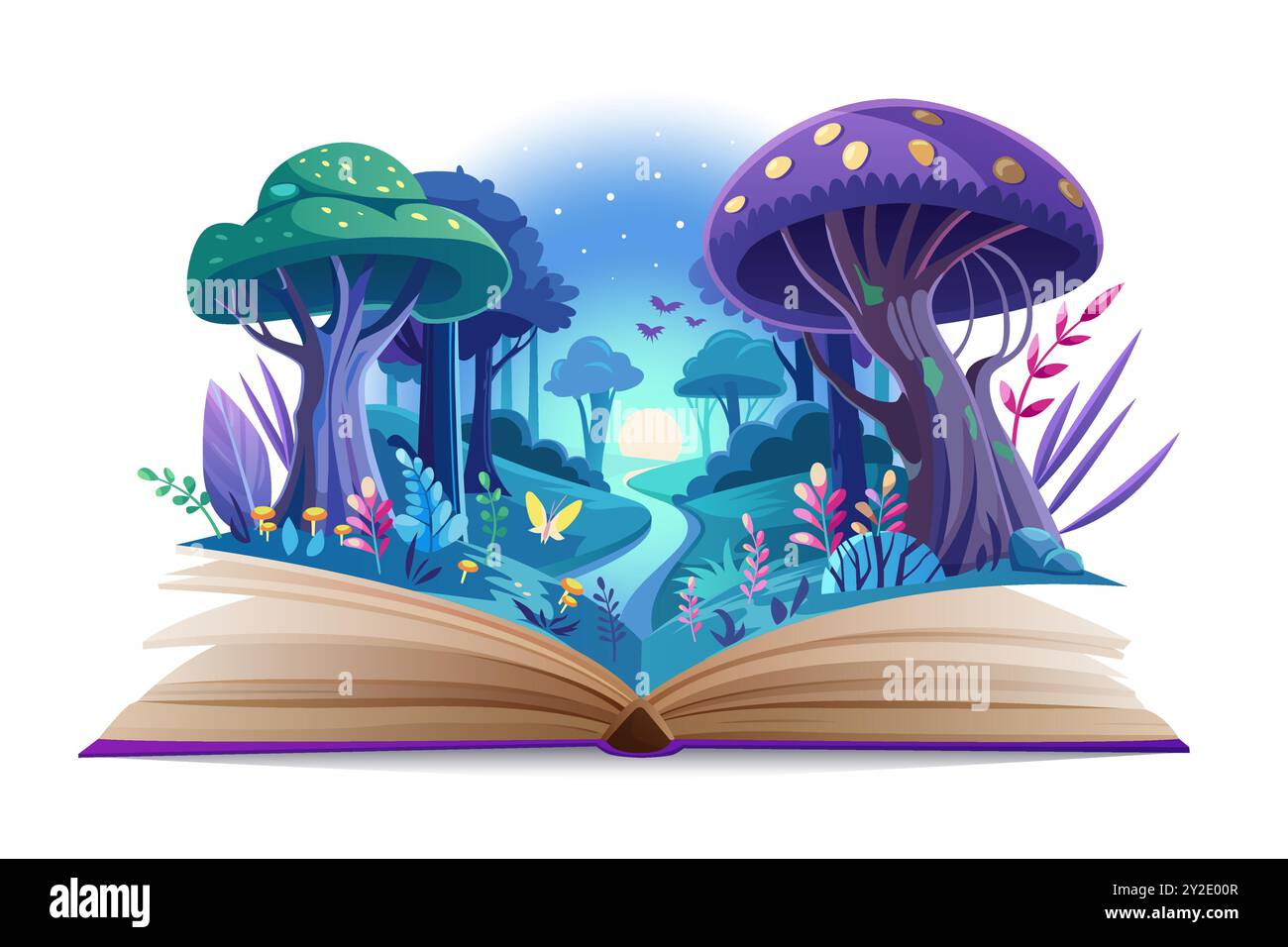 Open book con il magico mondo delle fiabe in una luminosa luce al neon. Libro di fantasia con funghi viola e fiume blu sulle pagine, storia di magia mistica per la lettura da parte dei bambini di illustrazioni vettoriali dei cartoni animati Illustrazione Vettoriale