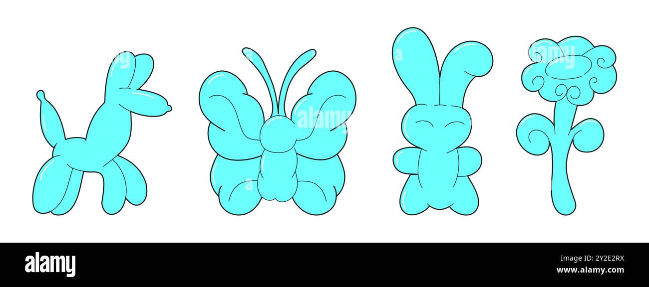 bollicine, tra cui un cane, un fiore, una farfalla e un coniglio, il tutto in uno stile Y2K retrò alla moda. Illustrazione Vettoriale
