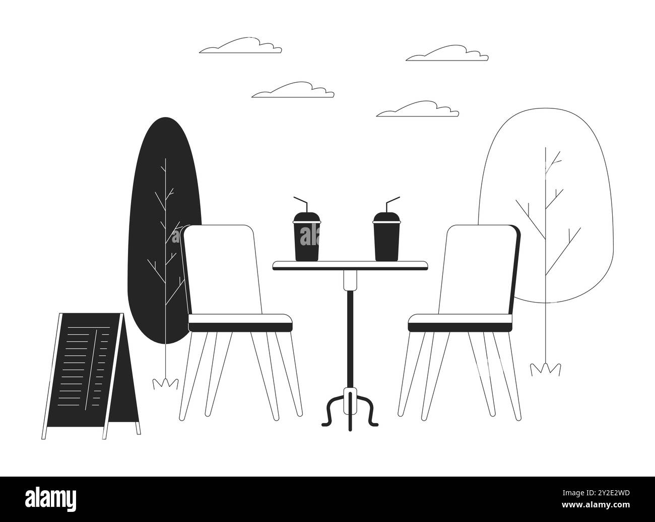Un comodo bar all'aperto con fumetti in bianco e nero Illustrazione Vettoriale