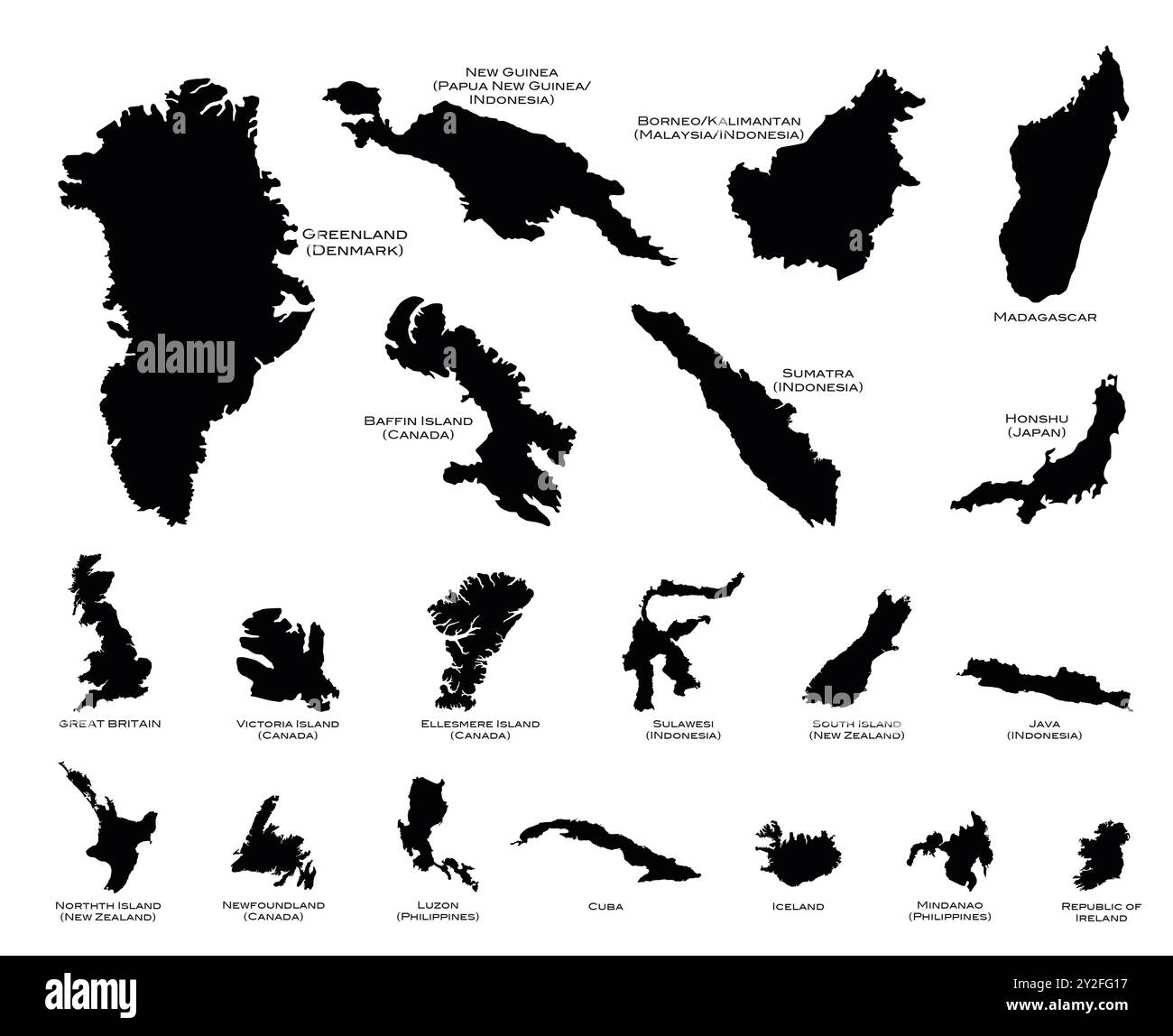 Mappe nere delle venti isole più grandi del mondo Foto Stock
