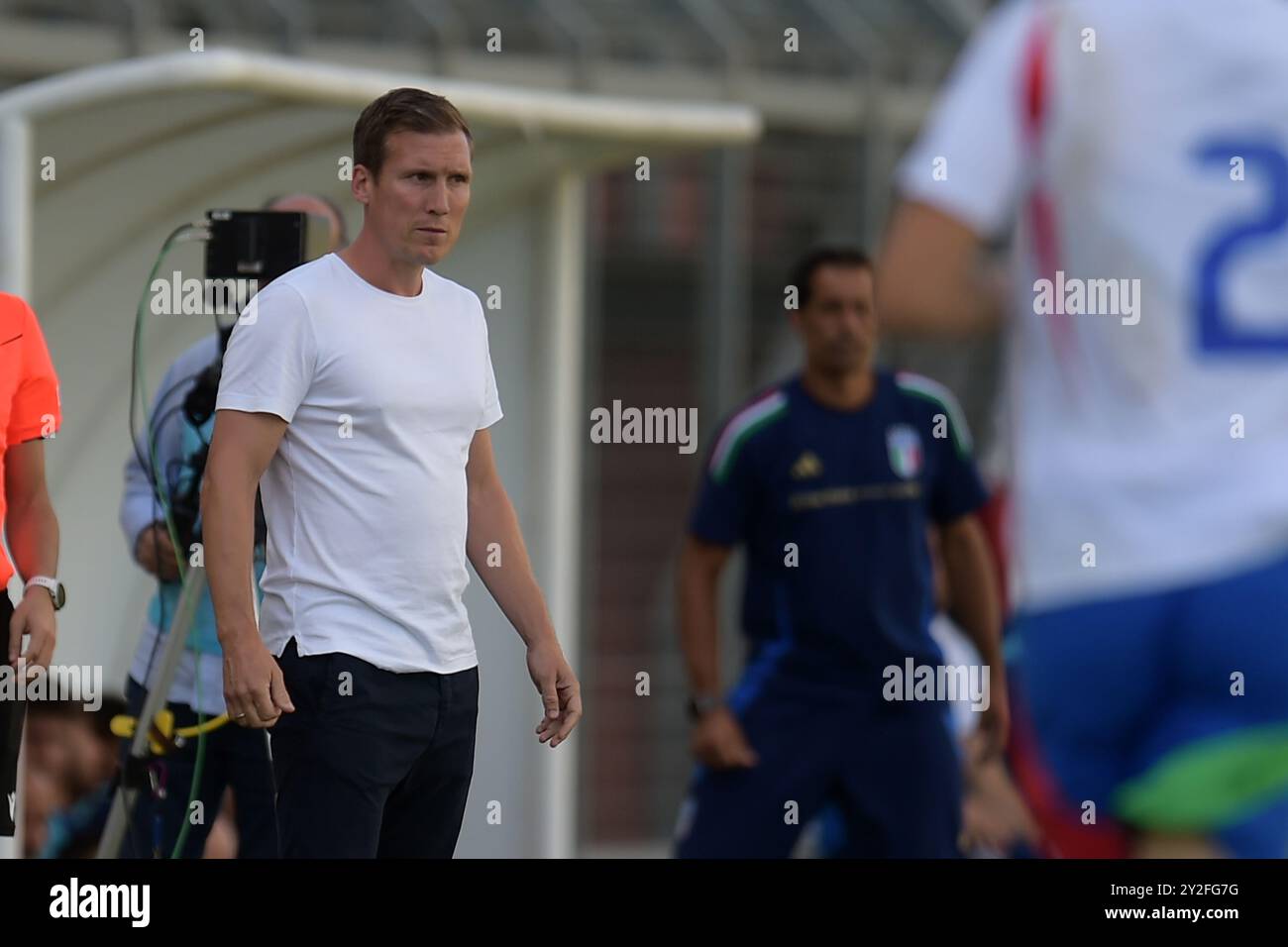 L'allenatore tedesco U20 Hannes Wolf durante la partita Elite League Italia U20 - Germania U20 allo stadio "Manlio Scopigno" di Rieti, Italia, il 10 settembre 2024 Foto Stock