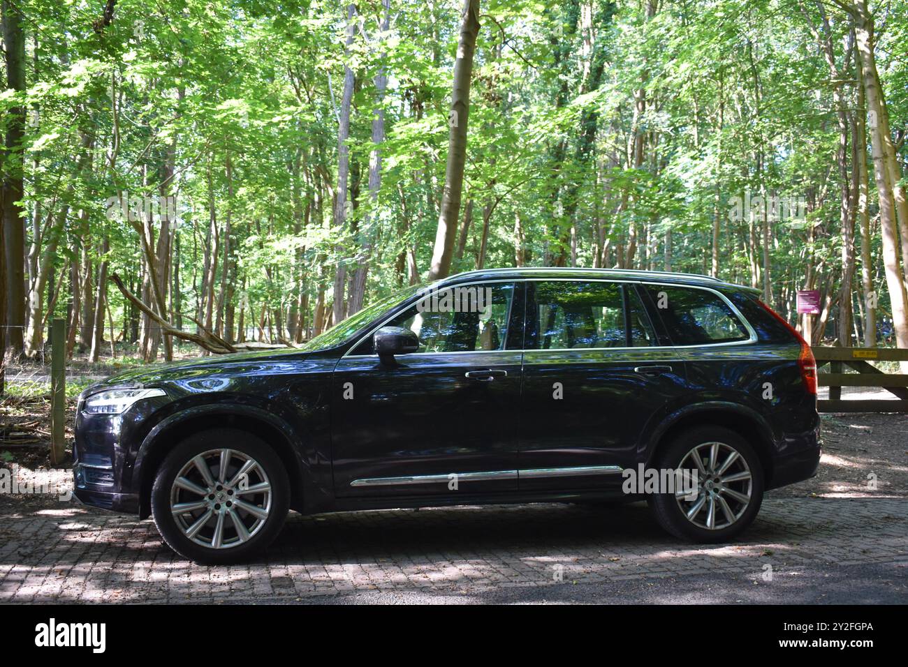 Hilversum, Paesi Bassi - 8 settembre 2024: Un suv nero Volvo XC90 parcheggiato in una foresta Foto Stock