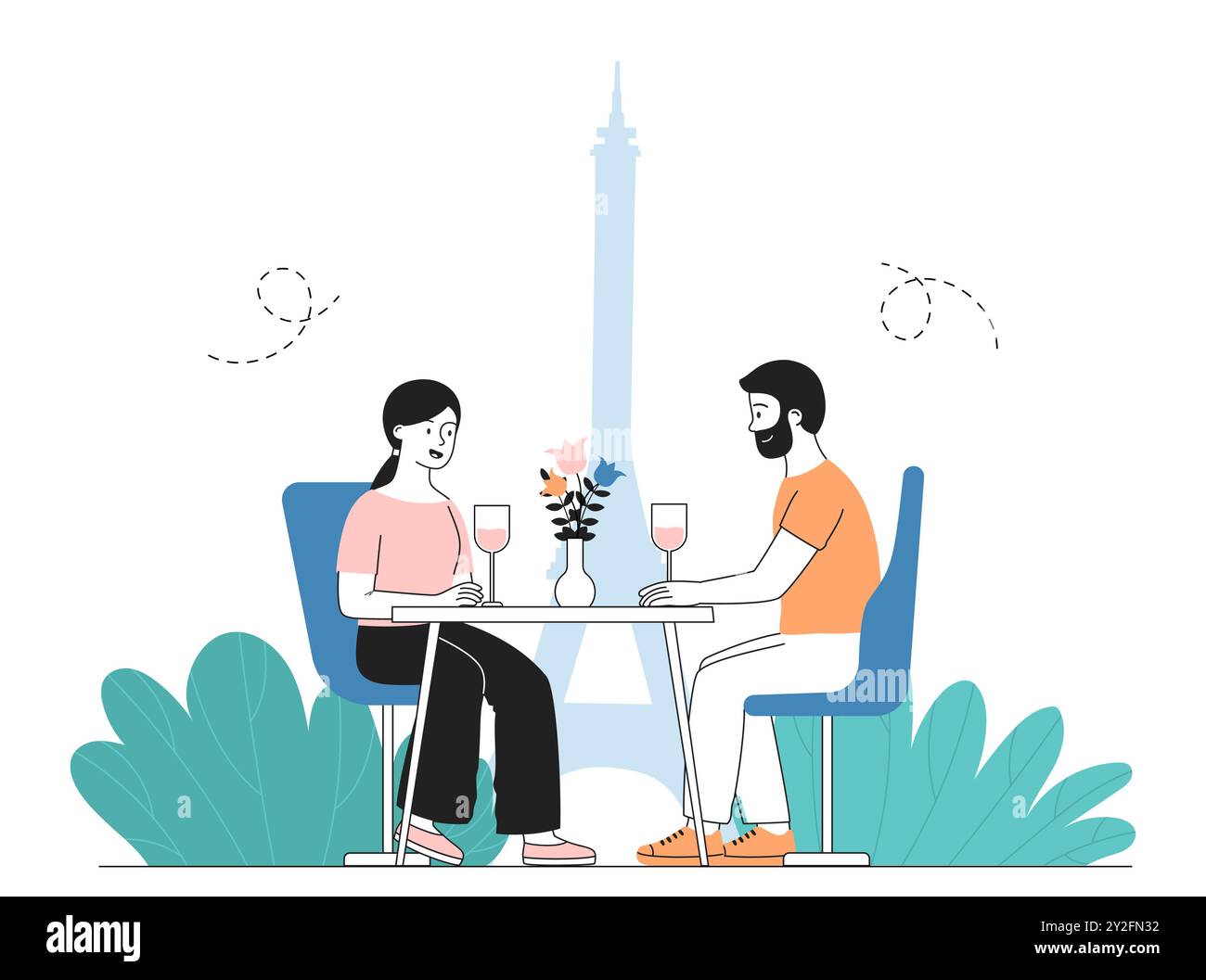 Uscire a Parigi. Uomo e donna seduti con bicchieri di vino vicino alla Torre Eiffel. Amore e romantico. Turisti e viaggiatori in Francia. Vettore lineare Illustrazione Vettoriale