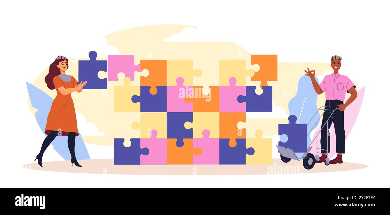 Persone con enigmi. Uomo e donna vicino a rompicapo multicolore. Metafora del lavoro di squadra e della collaborazione. Collaborazione e cooperazione. Colleghi che lavorano Illustrazione Vettoriale