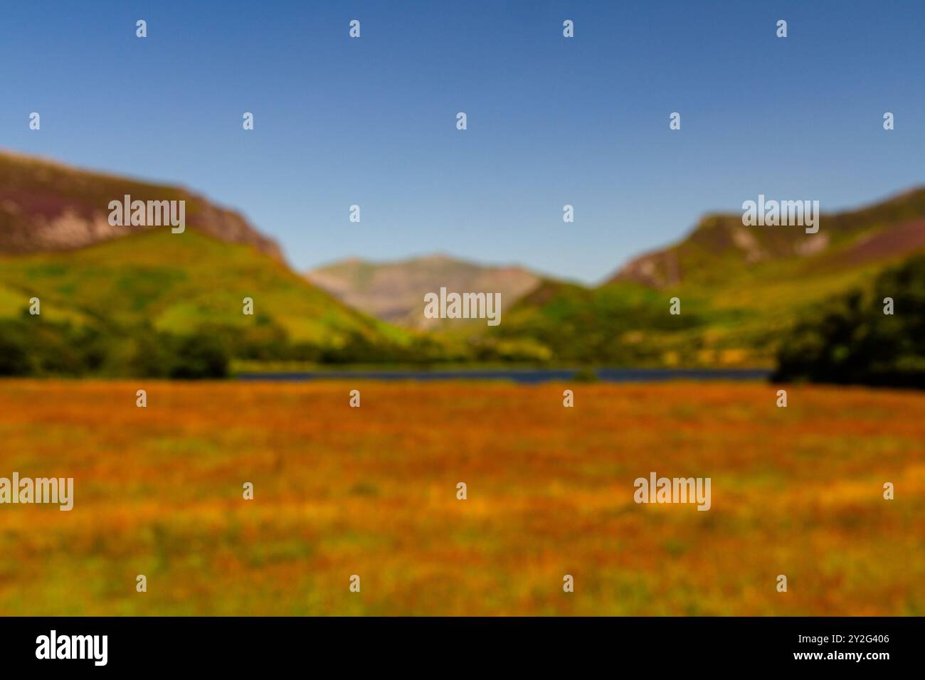 Bella giornata sfocata Nantlle che mostra la valle e Snowdon o Yr Wyddfa in lontananza. Snowdonia o Eryri National Park, Galles del Nord, Regno Unito, paesaggio Foto Stock