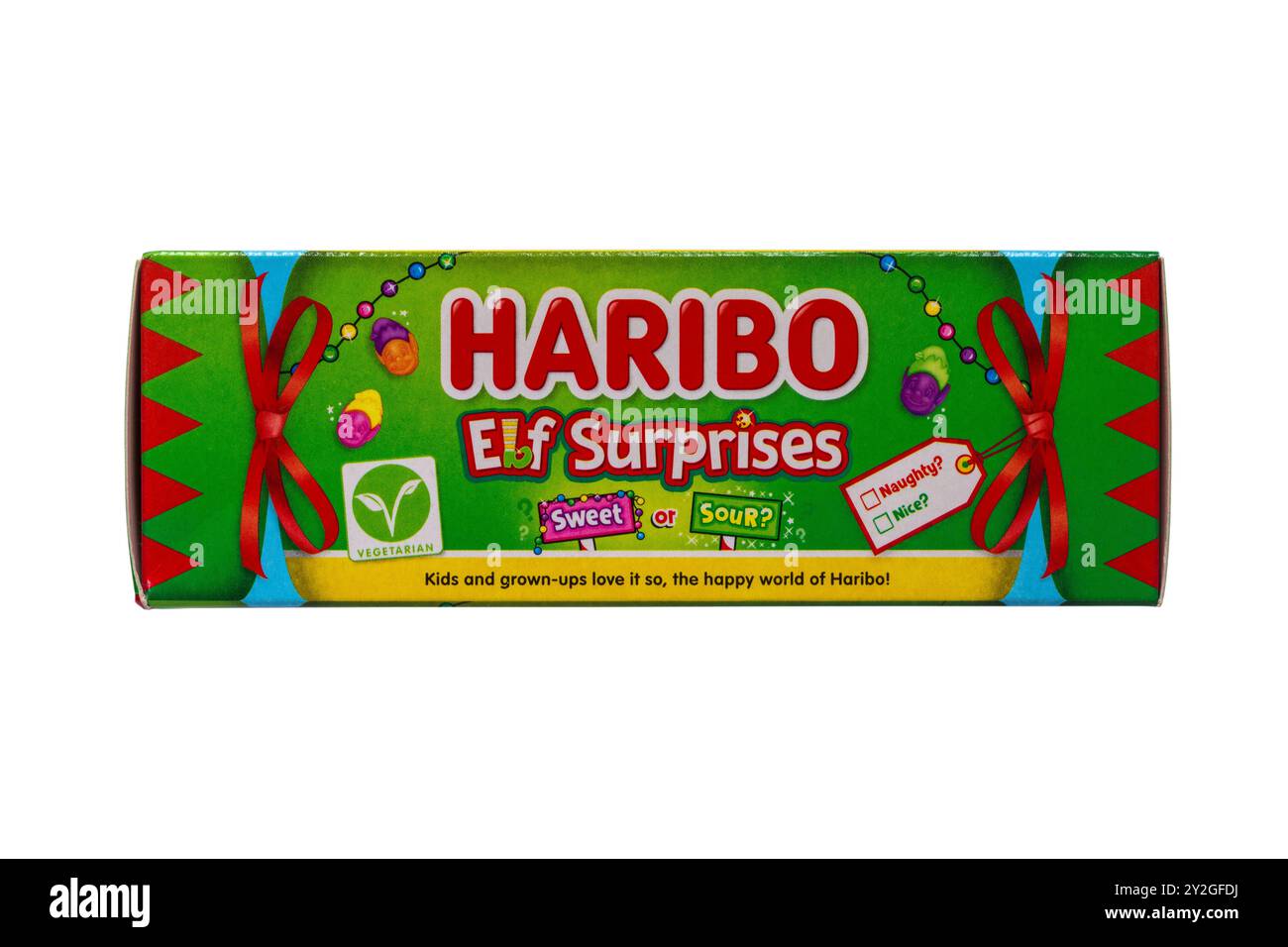 Scatola di sorprese di Haribo Elf isolate su sfondo bianco - Elfo sorprende Dolce & Sour Fruit Flavour Chewy Sweets tubo regalo Foto Stock