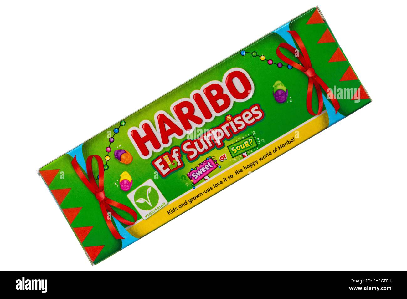Scatola di sorprese di Haribo Elf isolate su sfondo bianco - Elfo sorprende Dolce & Sour Fruit Flavour Chewy Sweets tubo regalo Foto Stock