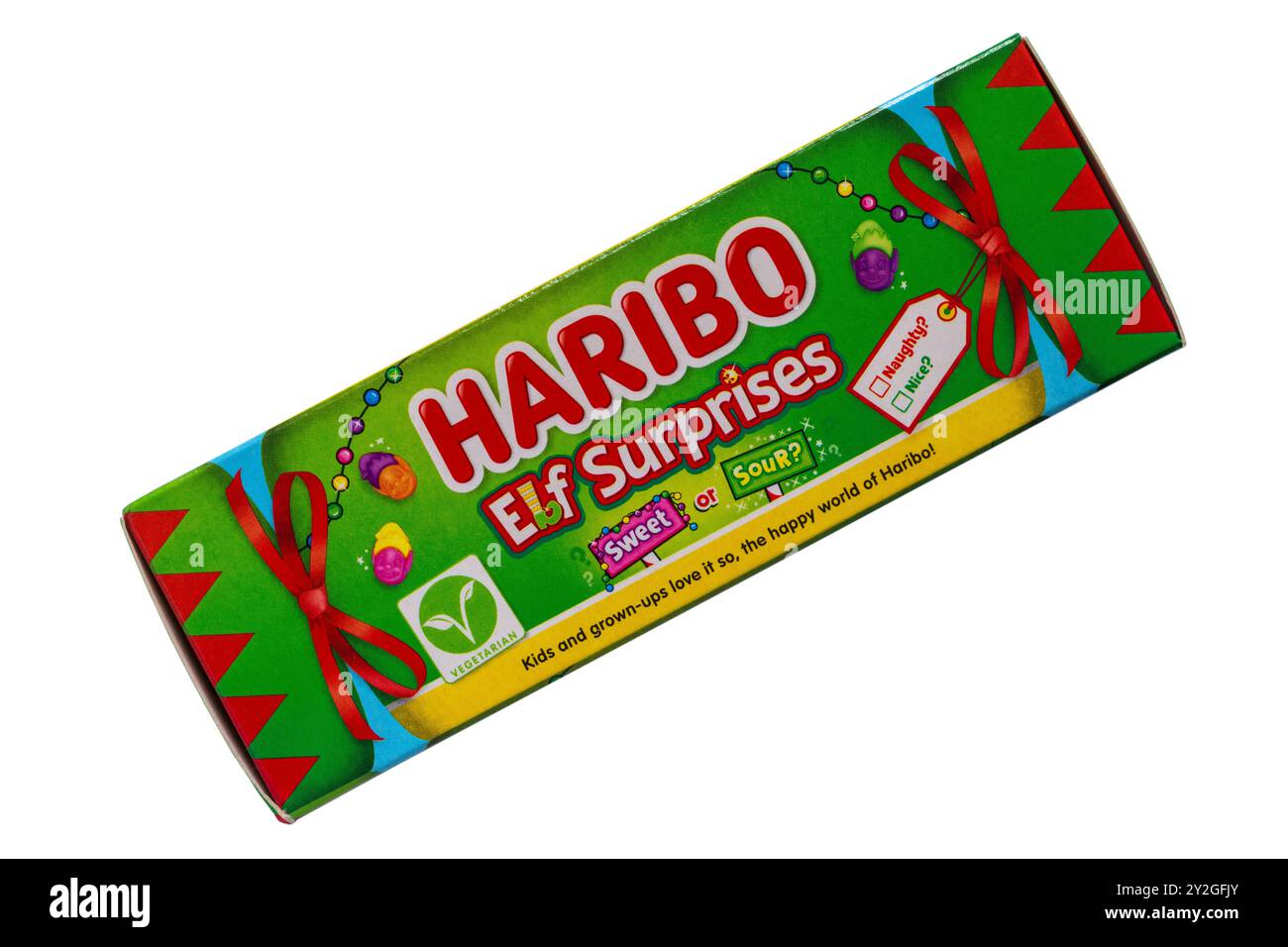 Scatola di sorprese di Haribo Elf isolate su sfondo bianco - Elfo sorprende Dolce & Sour Fruit Flavour Chewy Sweets tubo regalo Foto Stock