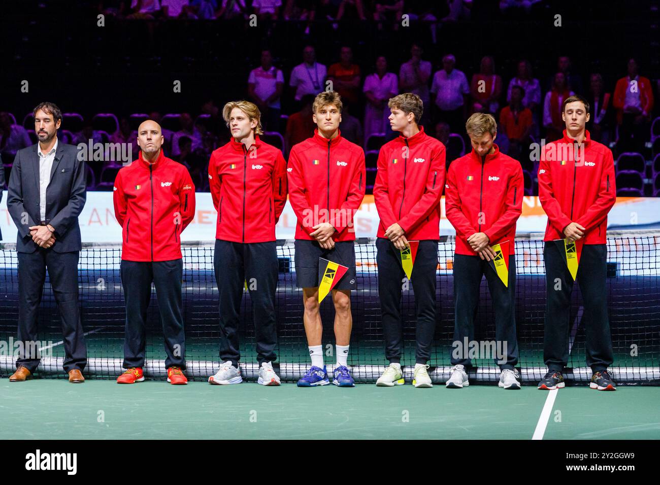 Bologna, Italia. 10 settembre 2024. La nazionale belga di tennista in posa prima della partita a gironi delle finali di Coppa Davis 2024 tra Paesi Bassi e Belgio all'Unipol Arena il 10 settembre 2024 a Bologna. Crediti: Massimiliano Donati/Alamy Live News Foto Stock