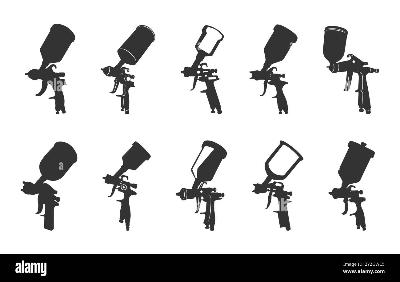 Pistola a spruzzo silhouette, pistola a spruzzo svg, pistola per verniciatura silhouette, pistola per verniciatura svg, pistola per verniciatura svg, pistola a spruzzo svg, set pistola a spruzzo Illustrazione Vettoriale
