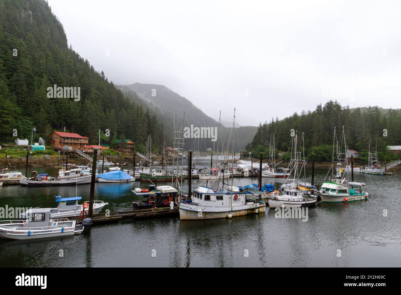 Vista dalla piccola cittadina di pescatori di Elfin Cove, Chichagof Island, sud-est dell'Alaska, USA. Foto Stock