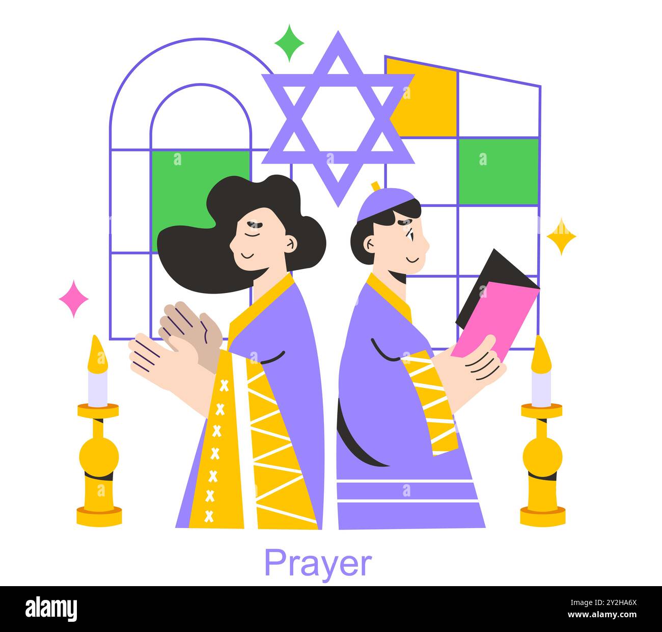 Concetto di Rosh Hashanah. Un uomo e una donna ebrei pregano durante i giorni Sacri vicino alle candele e a una Stella di Davide. Illustrazione vettoriale. Illustrazione Vettoriale