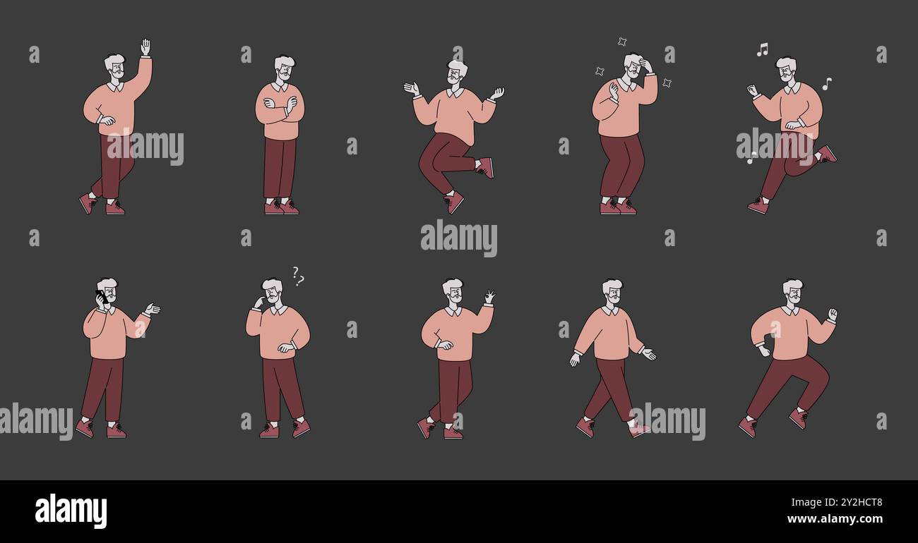 Set di personaggi per uomini d'affari. Pose ed emozioni diverse che mostrano comunicazione, presentazione e celebrazione in un ambiente di lavoro. Illustrazione vettoriale. Illustrazione Vettoriale