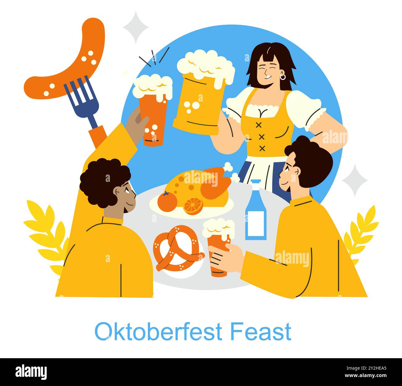 Concetto di celebrazione dell'Oktoberfest. Gli amici potranno gustare cibo e birra tradizionali durante una festa. Cultura tedesca e gioia sociale. Illustrazione vettoriale. Illustrazione Vettoriale