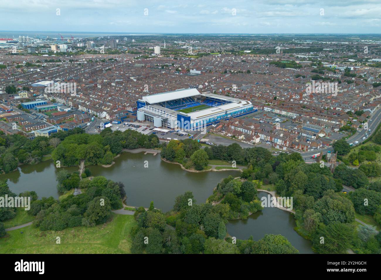 Veduta aerea del Goodison Park, sede dell'Everton Football Club, Liverpool, Regno Unito. Foto Stock