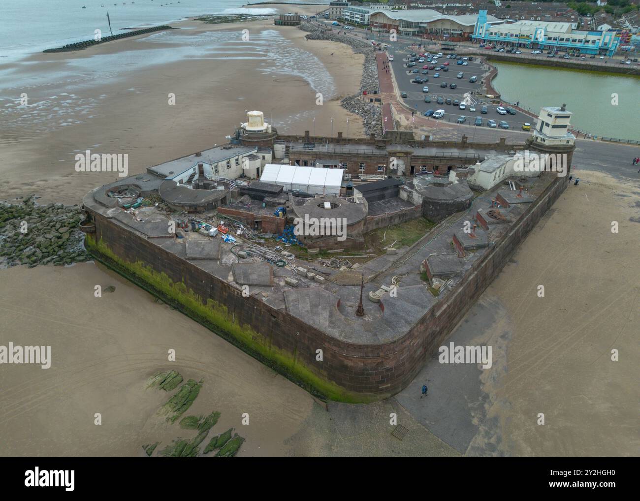 Vista aerea di Fort Perch Rock, New Brighton Beach, Wirral Peninsula, Regno Unito. Foto Stock