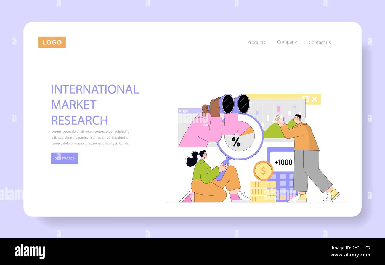 Banner della pagina Web che illustra le ricerche di mercato globali con diversi caratteri che analizzano dati e tendenze. Strategia aziendale e concetto di crescita finanziaria. Illustrazione vettoriale. Illustrazione Vettoriale