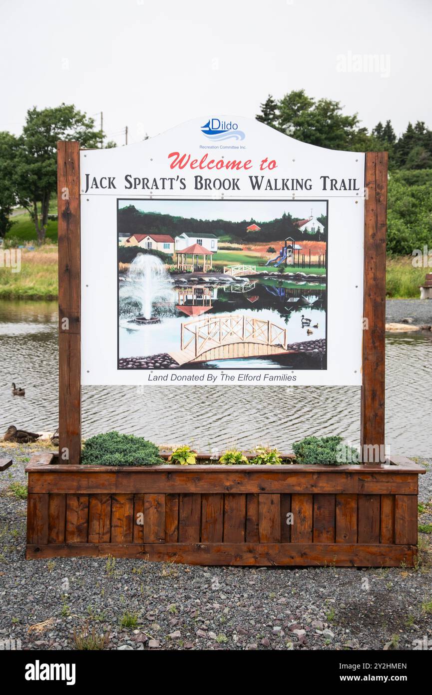 Benvenuto al Jack Spratt's Brook Walking Trail a Dildo, Terranova e Labrador, Canada Foto Stock