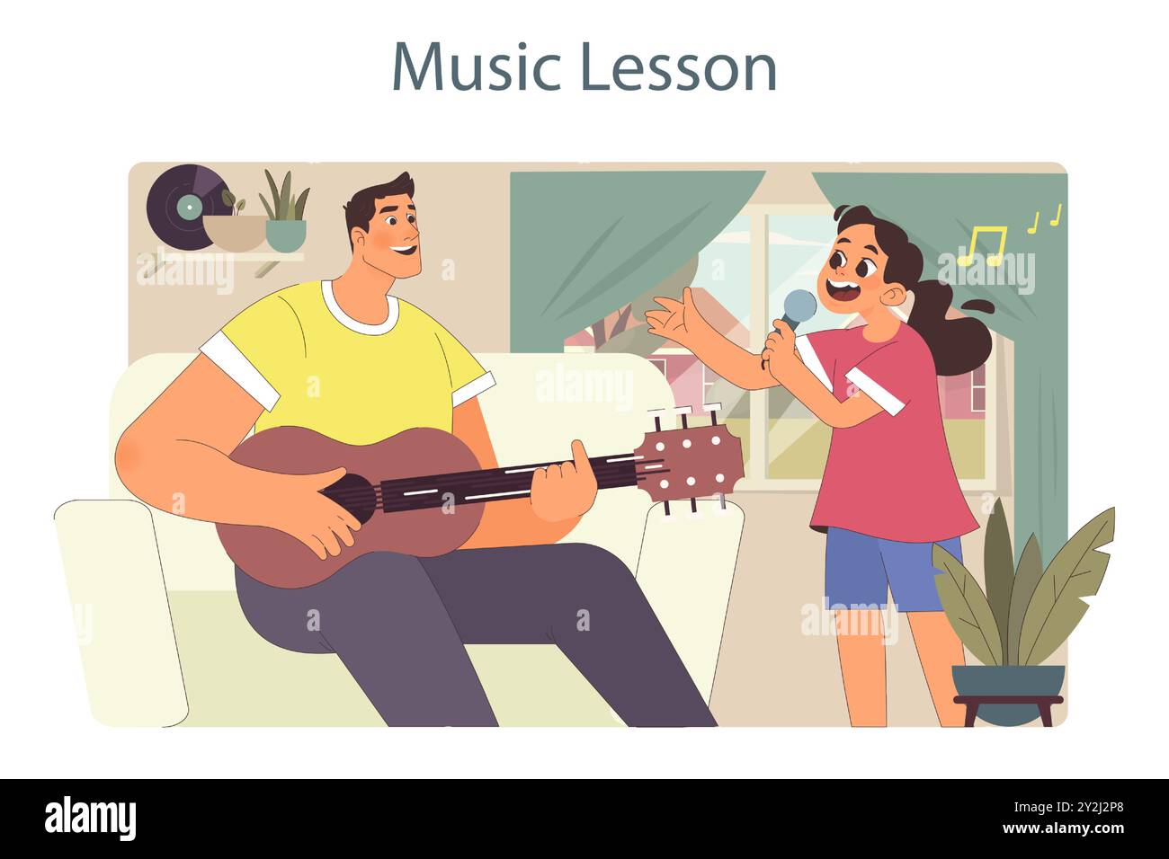 Tempo in famiglia. Padre che suona la chitarra e canta con sua figlia. Educazione alla musica domestica, lezioni o performance. Routine familiare e vita quotidiana. Personaggio che passa del tempo insieme. Illustrazione vettoriale piatta Illustrazione Vettoriale