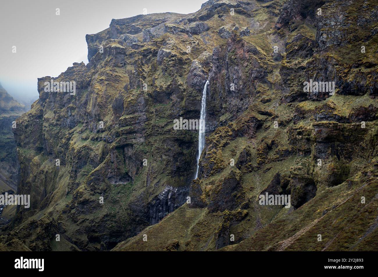 Splendide montagne con cascate che scorrono attraverso il lussureggiante canyon Múlagljúfur nell'aspro paesaggio islandese Foto Stock