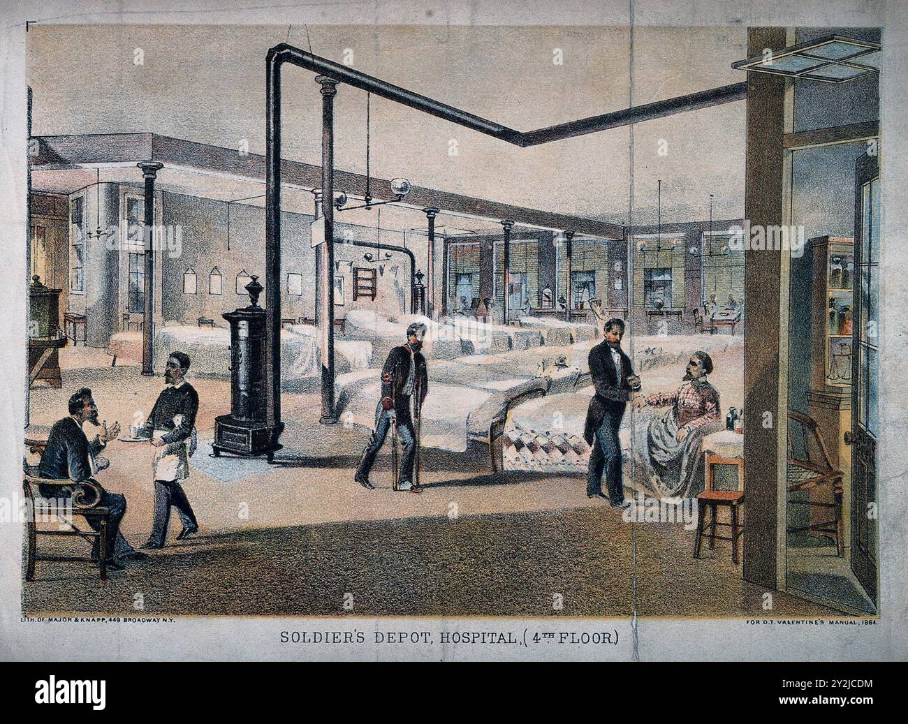 L'illustrazione raffigura l'interno dell'ospedale New York State Soldiers' Depot, dove i soldati arruolati e dimessi ricevono cure mediche nel 1864. Foto Stock