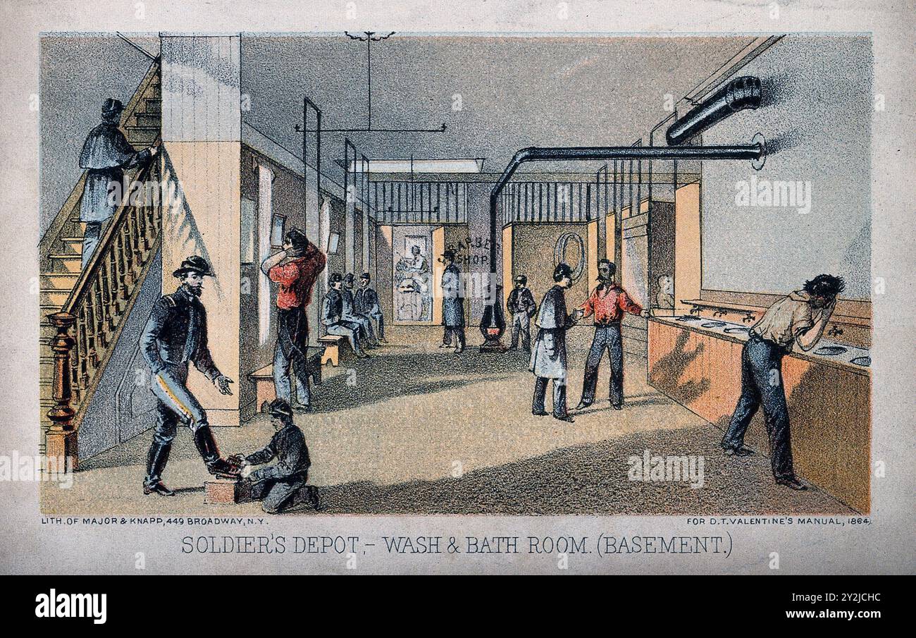 Il New York State Soldiers' Depot dispone di un bagno e di un lavaggio dove i soldati vengono puliti e curati. Questa struttura di supporto serve le truppe esauste dell'epoca della guerra civile. Foto Stock