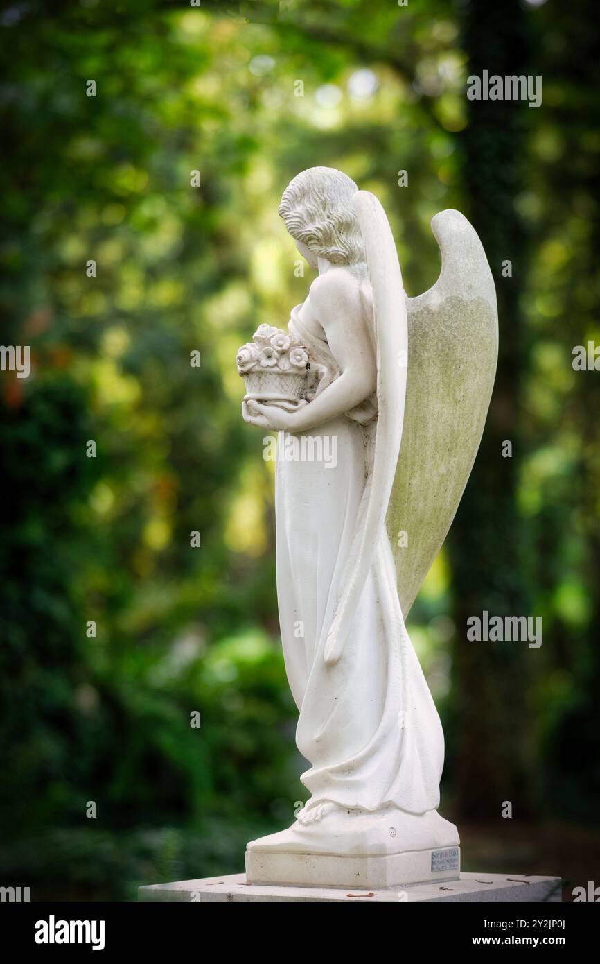 una splendida statua di angelo bianco con ali e un cesto di fiori in un cimitero forestale Foto Stock