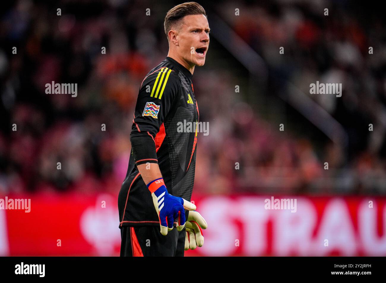 AMSTERDAM, PAESI BASSI - 10 SETTEMBRE: Il portiere tedesco Marc-Andre ter Stegen si allena durante la partita del gruppo A3 della UEFA Nations League 2024/25 tra Paesi Bassi e Germania alla Johan Cruijff Arena il 10 settembre 2024 ad Amsterdam, Paesi Bassi. (Foto di Rene Nijhuis) Foto Stock