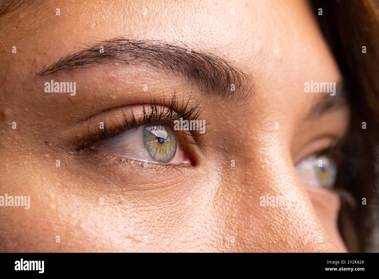 In ufficio, primo piano degli occhi e delle sopracciglia verdi della donna, concentrandosi sui dettagli del viso Foto Stock