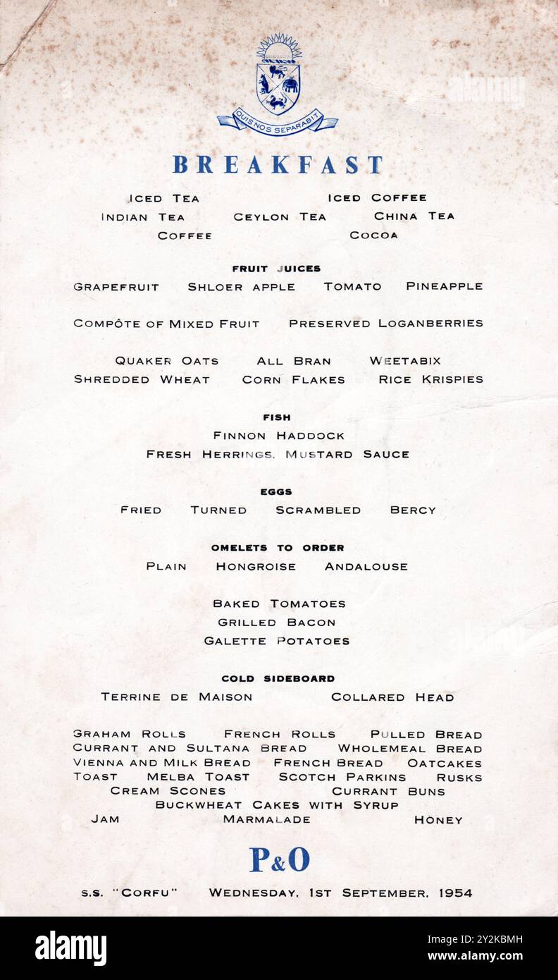 Menu per la colazione a vapore vintage P&o Cruise Ocean Liner dalla S.S. Corfù nel 1954. Foto Stock