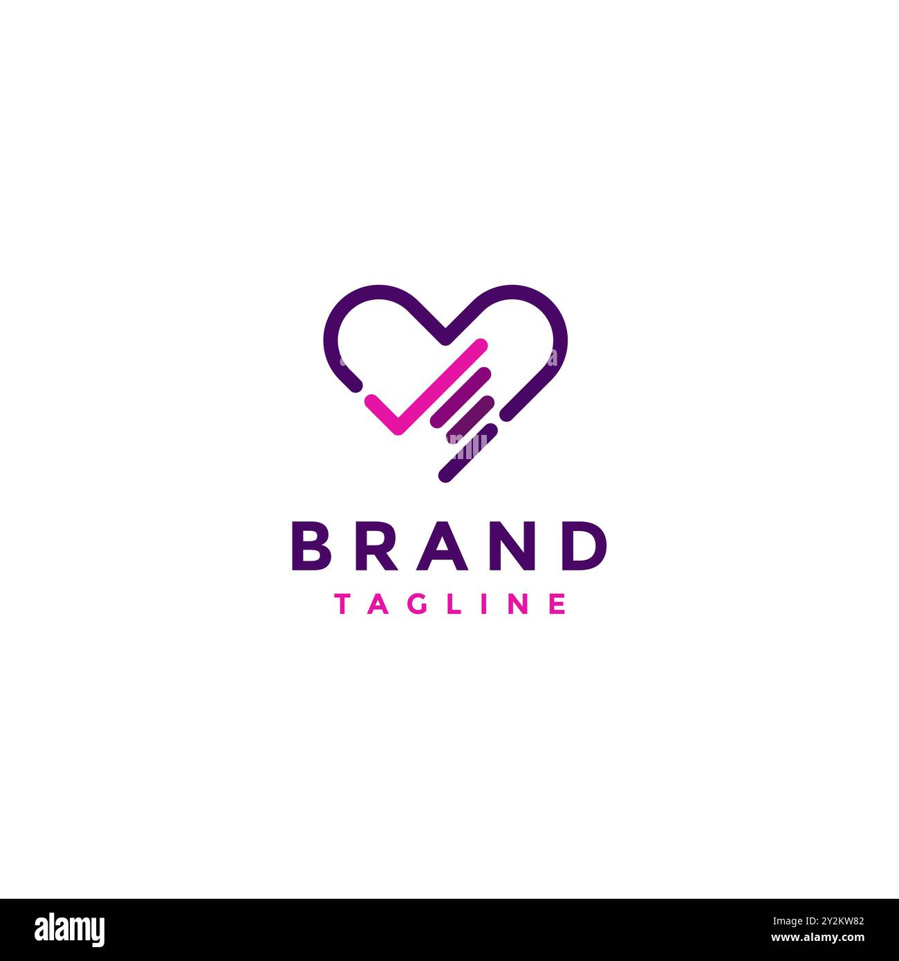 Simbolo del cuore e icona della mano in design a linee semplici. Mani che formano segno di spunta sul cuore in design minimalista linee. Illustrazione Vettoriale