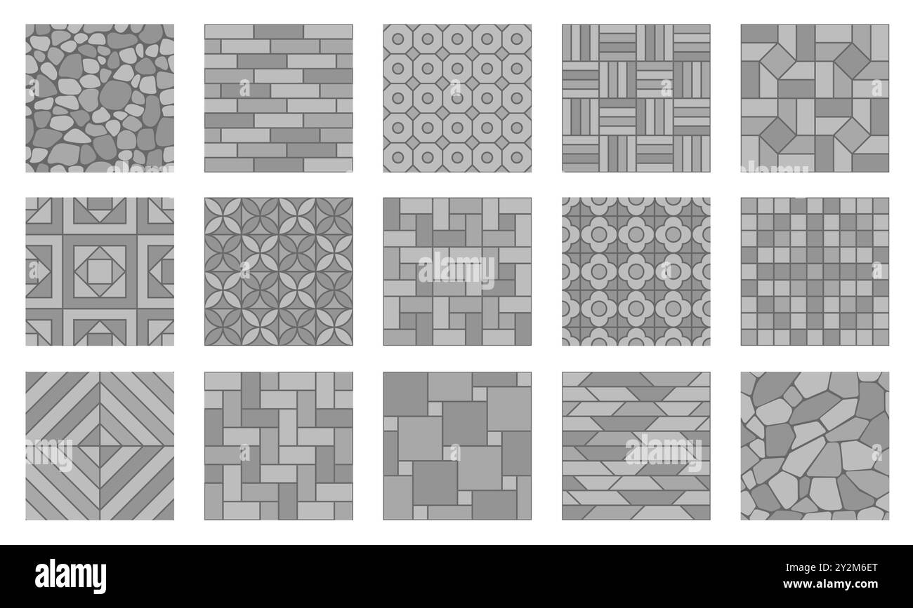 Pavimentazione in pietra grigia con motivi senza cuciture. Fondo per pavimentazione stradale con consistenza vettoriale di ciottoli, ghiaia, mattoni e pietra miliare. Pavimentazione con pavimentazione, strada, percorso e pavimentazione marciapiede Illustrazione Vettoriale