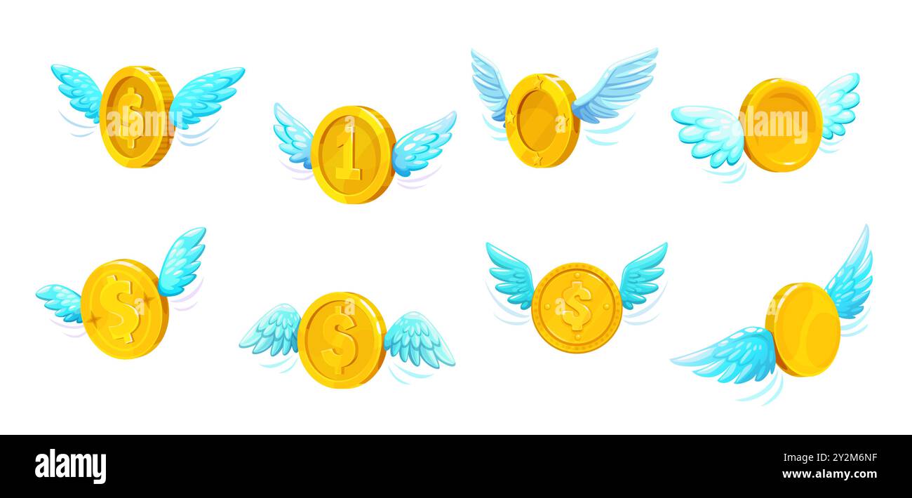monete in moneta d'oro 3d con ali. Set di valute alate in oro vettoriale isolato. Monete volanti denaro per attività commerciali, negozio online, finanza, banca, risparmio o cambio, saldo, transazione o cashback Illustrazione Vettoriale