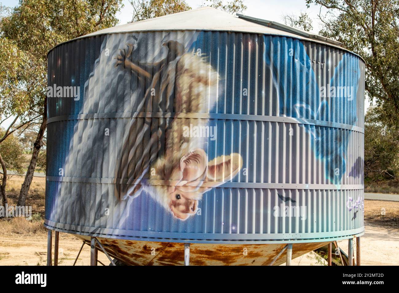 Long Eared Bat Mobile Silo Art di Chuck Mayfield, Woomelang, Victoria, Australia Foto Stock